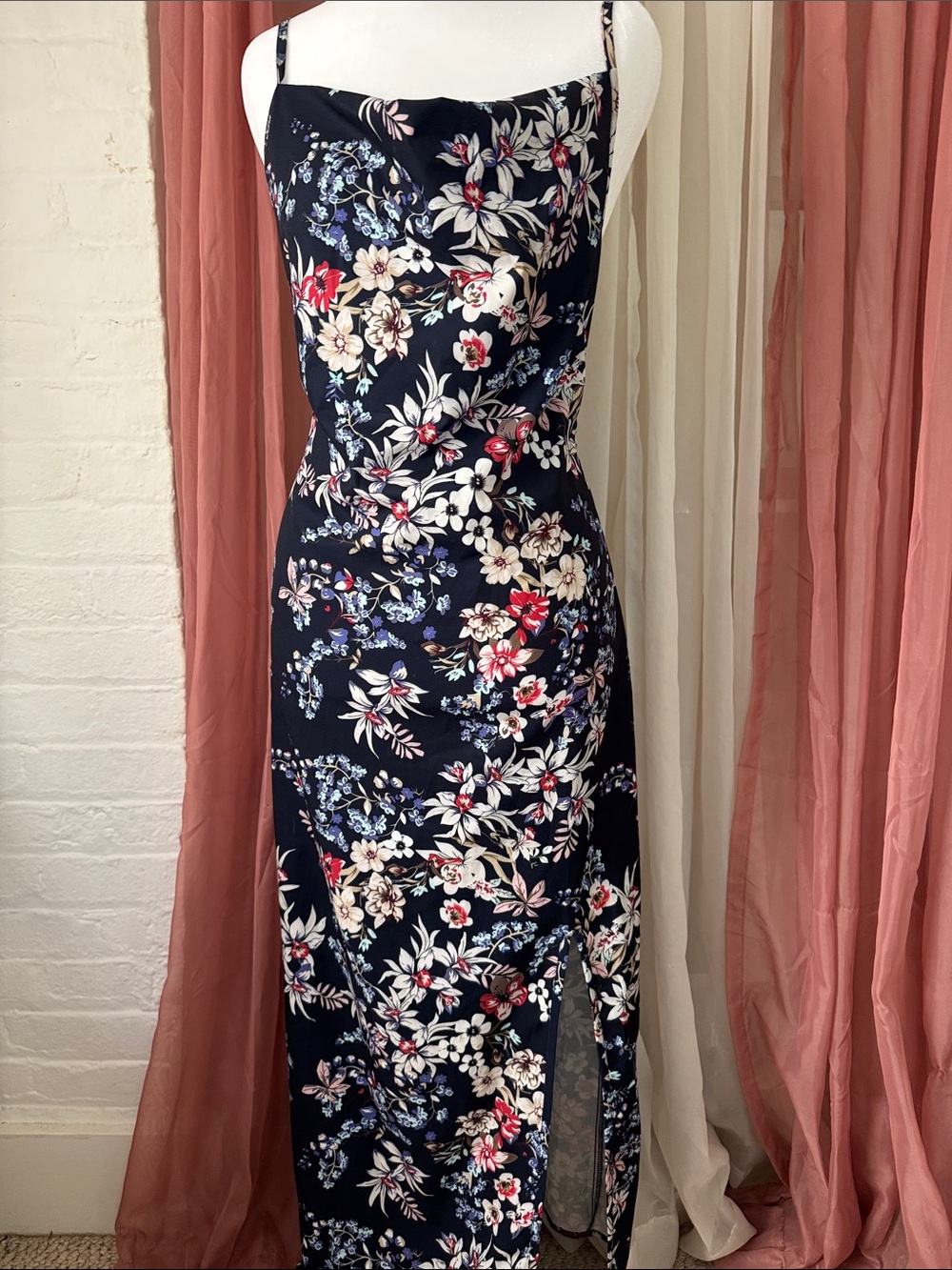 Cider Navy Floral Maxi Slip Dress with Spaghetti Straps